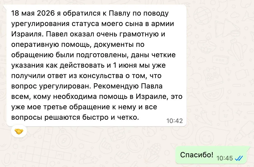 Отзыв Александра В. о помощи с оформлением документов в Израиле в 2026 году